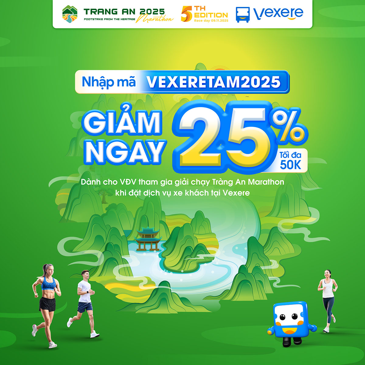 ƯU ĐÃI DỊCH VỤ ĐẶT XE KHÁCH ĐẾN 25% TỪ VEXERE KHI THAM GIA GIẢI CHẠY TRANG AN MARATHON 2025